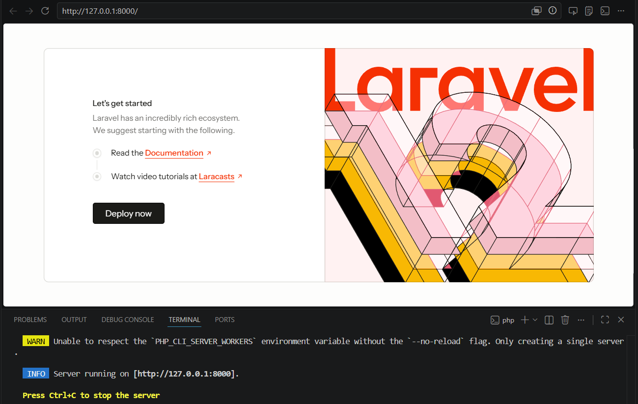 Halaman awal Laravel berhasil tampil di browser